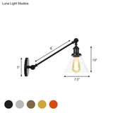 Modern Industrial Conical Sconce Light Clear Glass Lighting Fixture In Black/Bronze/Brass 8/12 L Arm