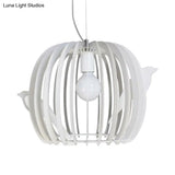 Modern Iron Birdcage Pendant Lamp In White With Bird Decor - Drum Shaped 1 Bulb Hanging Ceiling