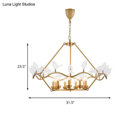 Modern Iron Candle Chandelier Ceiling Fixture In Gold With Clear Glass Birds - 6/9-Head For Living