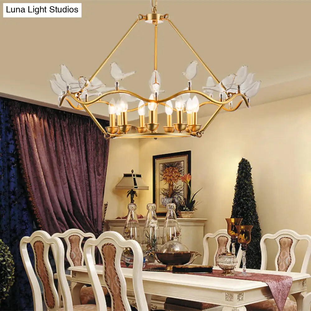 Modern Iron Candle Chandelier Ceiling Fixture In Gold With Clear Glass Birds - 6/9-Head For Living
