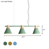Modern Iron Cone Suspension Light With 3 Bulbs In Yellow/Blue/Green - Linear Design For Dining Room