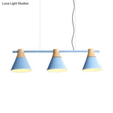 Modern Iron Cone Suspension Light With 3 Bulbs In Yellow/Blue/Green - Linear Design For Dining Room