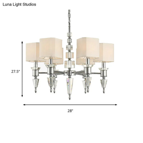 Modern Iron Cube Ceiling Pendant With 6 Lights & Fabric Shade - Chrome Hanging Chandelier Fixture