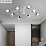Modern Iron Sputnik Ceiling Lamp With Clear Glass Shades - Black/White 8/10 Lights