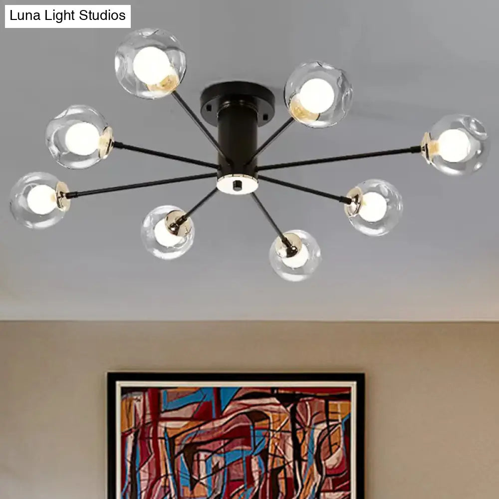 Modern Iron Sputnik Ceiling Lamp With Clear Glass Shades - Black/White 8/10 Lights