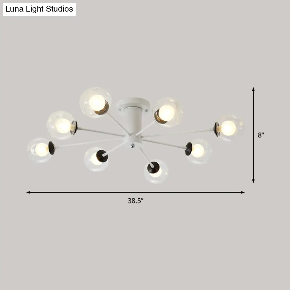 Modern Iron Sputnik Ceiling Lamp With Clear Glass Shades - Black/White 8/10 Lights