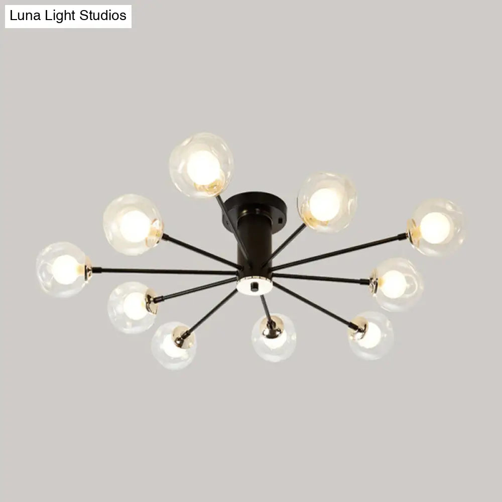 Modern Iron Sputnik Ceiling Lamp With Clear Glass Shades - Black/White 8/10 Lights