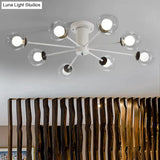 Modern Iron Sputnik Ceiling Lamp With Clear Glass Shades - Black/White 8/10 Lights