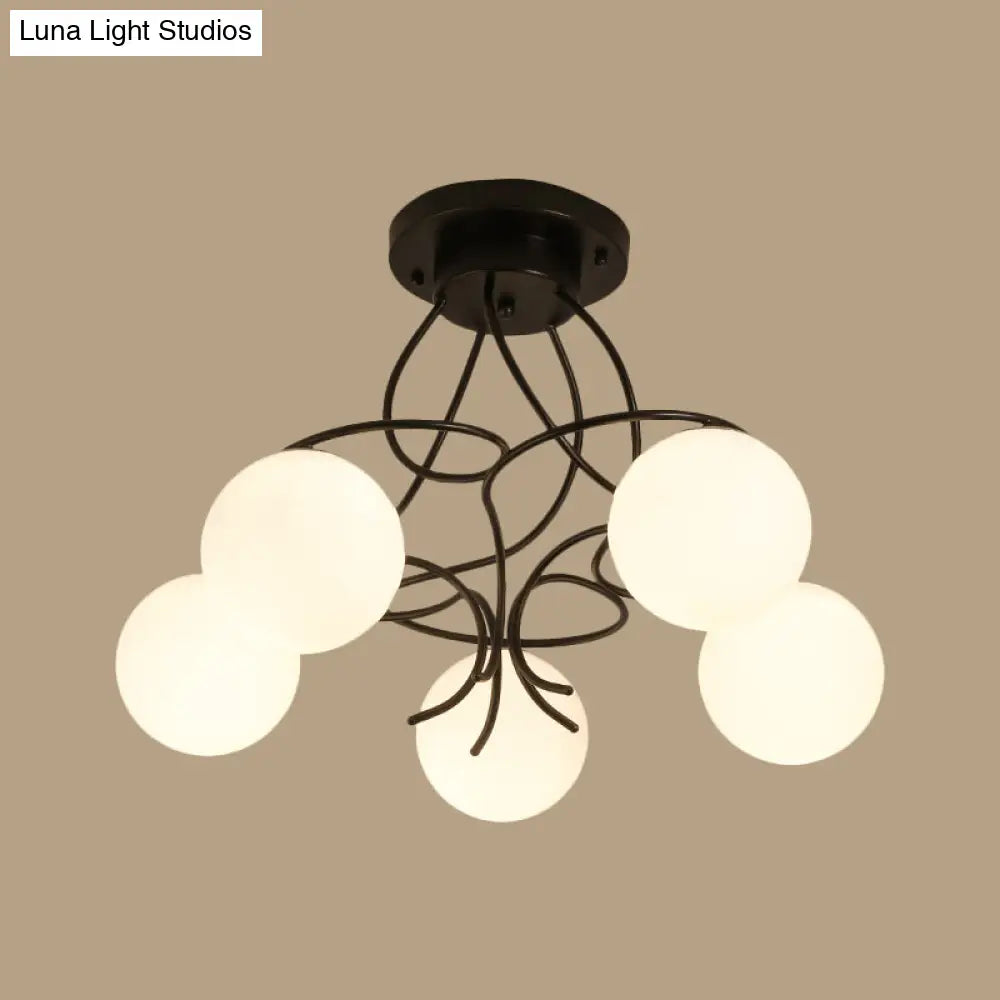 Modern Iron Swirling Semi Flush Ceiling Light With Opal Glass Shade - 5 Heads Black/White Finish