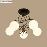 Modern Iron Swirling Semi Flush Ceiling Light With Opal Glass Shade - 5 Heads Black/White Finish