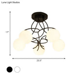 Modern Iron Swirling Semi Flush Ceiling Light With Opal Glass Shade - 5 Heads Black/White Finish