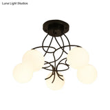 Modern Iron Swirling Semi Flush Ceiling Light With Opal Glass Shade - 5 Heads Black/White Finish