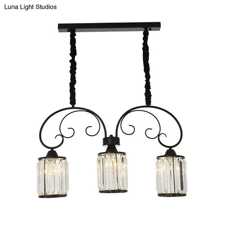 Modern Island Light - 3 Head Black Pendant With Clear Crystal Blocks And Scrolling Arm