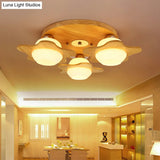 Modern Ivory Glass Flower Ceiling Light With 3 - Head Flush Mount For Bedroom In Wood Finish
