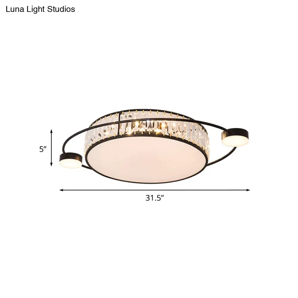 Modern K9 Crystal Black Flush Light Drum Led For Bedroom - 26’/31.5’ W Mount Lighting Fixture
