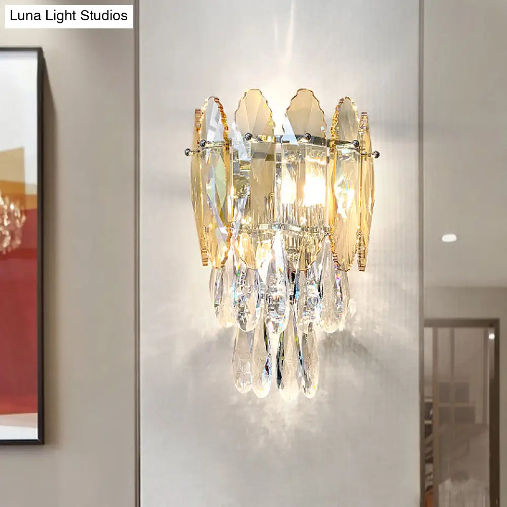 Modern Layered Wall Lighting Clear And Champagne/Smoke Gray Crystal Sconce Fixture 2 Lights