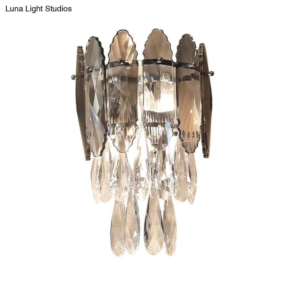 Modern Layered Wall Lighting Clear And Champagne/Smoke Gray Crystal Sconce Fixture 2 Lights