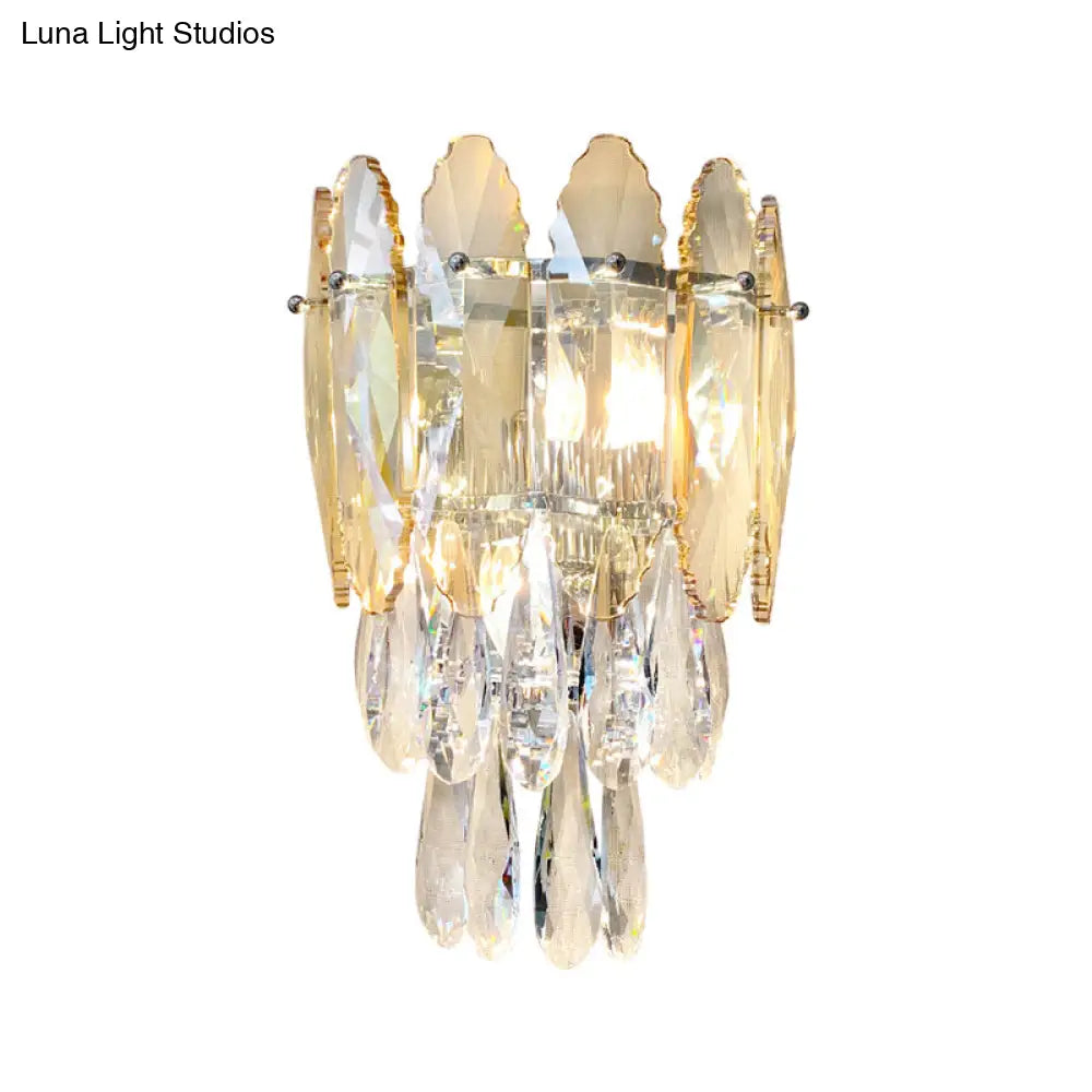 Modern Layered Wall Lighting Clear And Champagne/Smoke Gray Crystal Sconce Fixture 2 Lights