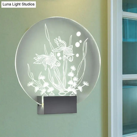 Modern Led Acrylic Wall Lamp: Clear Rounded Fish And Coral Mural Asian-Inspired Lighting For