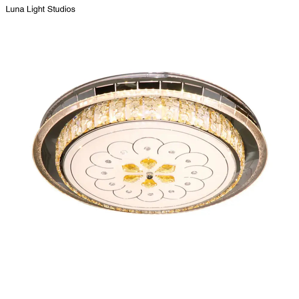 Modern Led Ceiling Lamp: Clear Crystal Circular Flushmount In Stainless-Steel