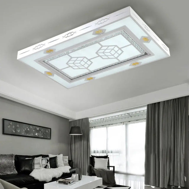 Modern Led Ceiling Mount Light With Crystal Accent - Rectangular Mental Flush Lamp For Living Room