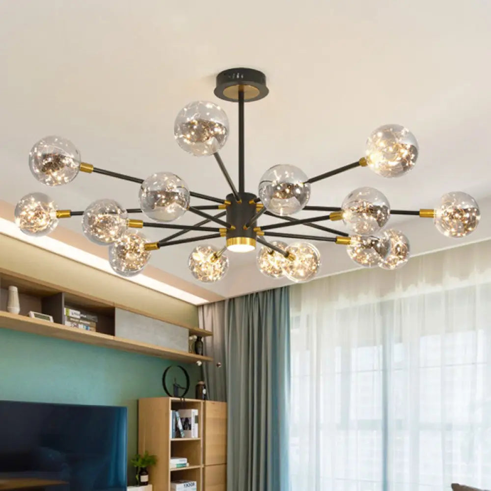 Modern Metal Led Chandelier With Orb Glass Shade For Living Room - Starburst Hanging Ceiling Light