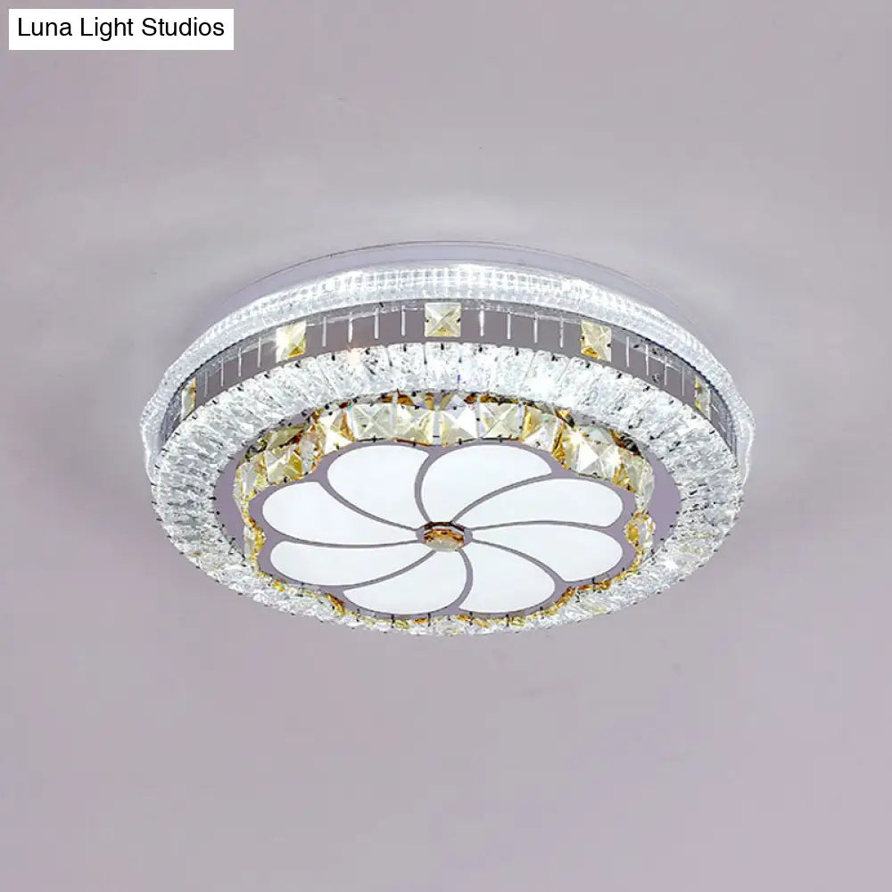 Modern Led Chrome Ceiling Light With Lotus Pattern And Faceted Crystal Flush Mount’