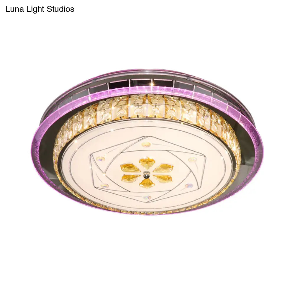 Modern Led Clear Crystal Blocks Stainless-Steel Round Flush Mount Lamp For Bedrooms