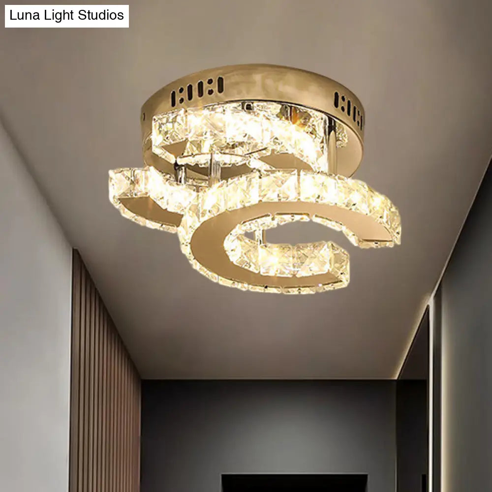 Modern Led Corridor Semi - Light Fixture In Stainless Steel With Clear Crystal Blocks - Ceiling