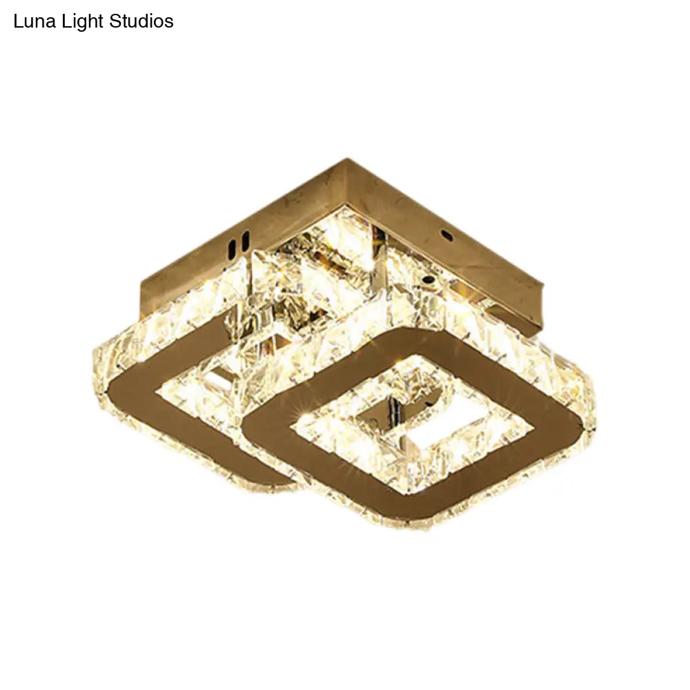 Modern Led Corridor Semi - Light Fixture In Stainless Steel With Clear Crystal Blocks - Ceiling