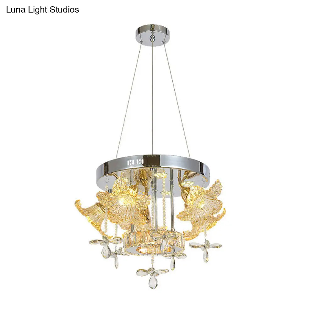 Modern Led Crystal Chandelier Lamp For Dining Room - Amber Flower Pendant Lighting