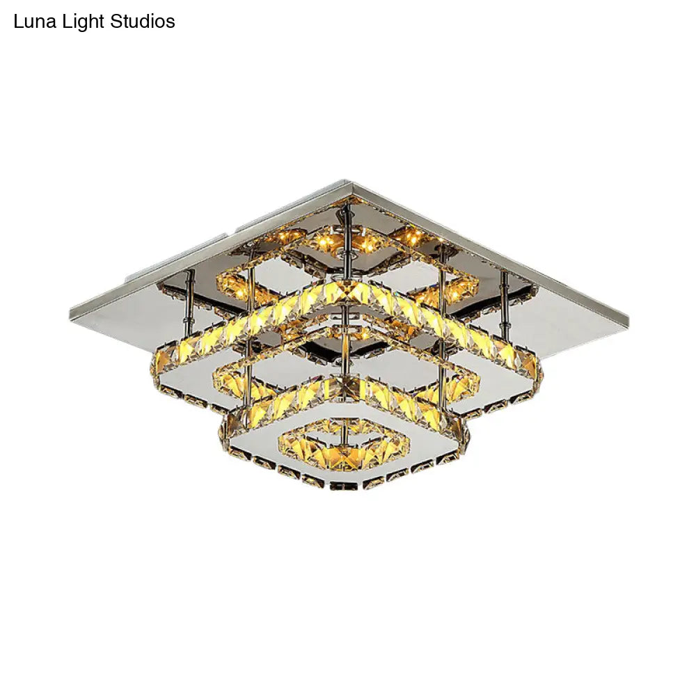 Modern Led Crystal Flush Mount Ceiling Light With Beveled Square Design For Corridor Chrome Finish