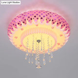 Modern Led Crystal Flush Mount Ceiling Light With Pink Drum Shade Perfect For Living Rooms