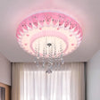 Modern Led Crystal Flush Mount Ceiling Light With Pink Drum Shade Perfect For Living Rooms / B