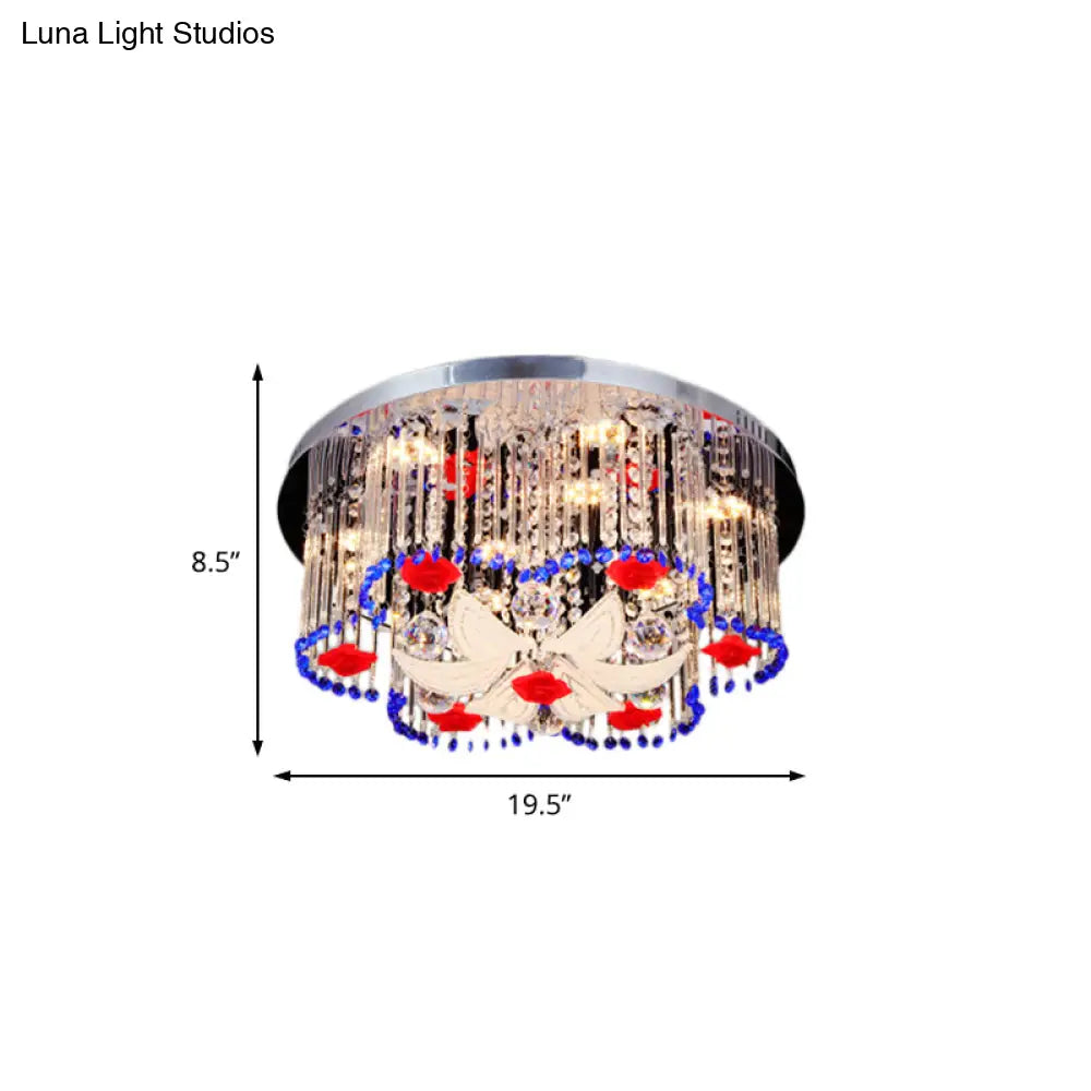 Modern Led Crystal Prism Ceiling Light With Flower Design In Blue And Red 19.5’/23.5’ Width