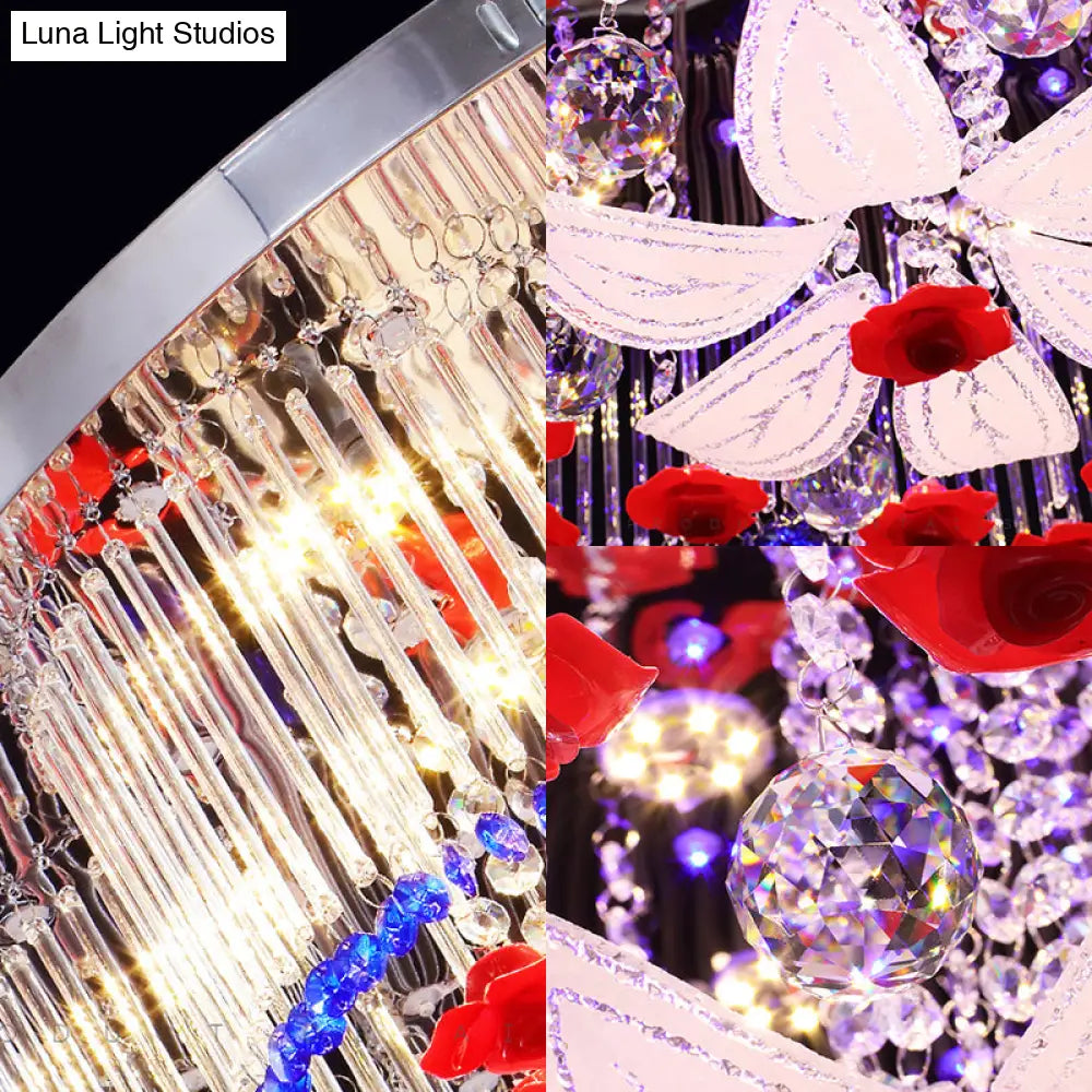 Modern Led Crystal Prism Ceiling Light With Flower Design In Blue And Red 19.5’/23.5’ Width