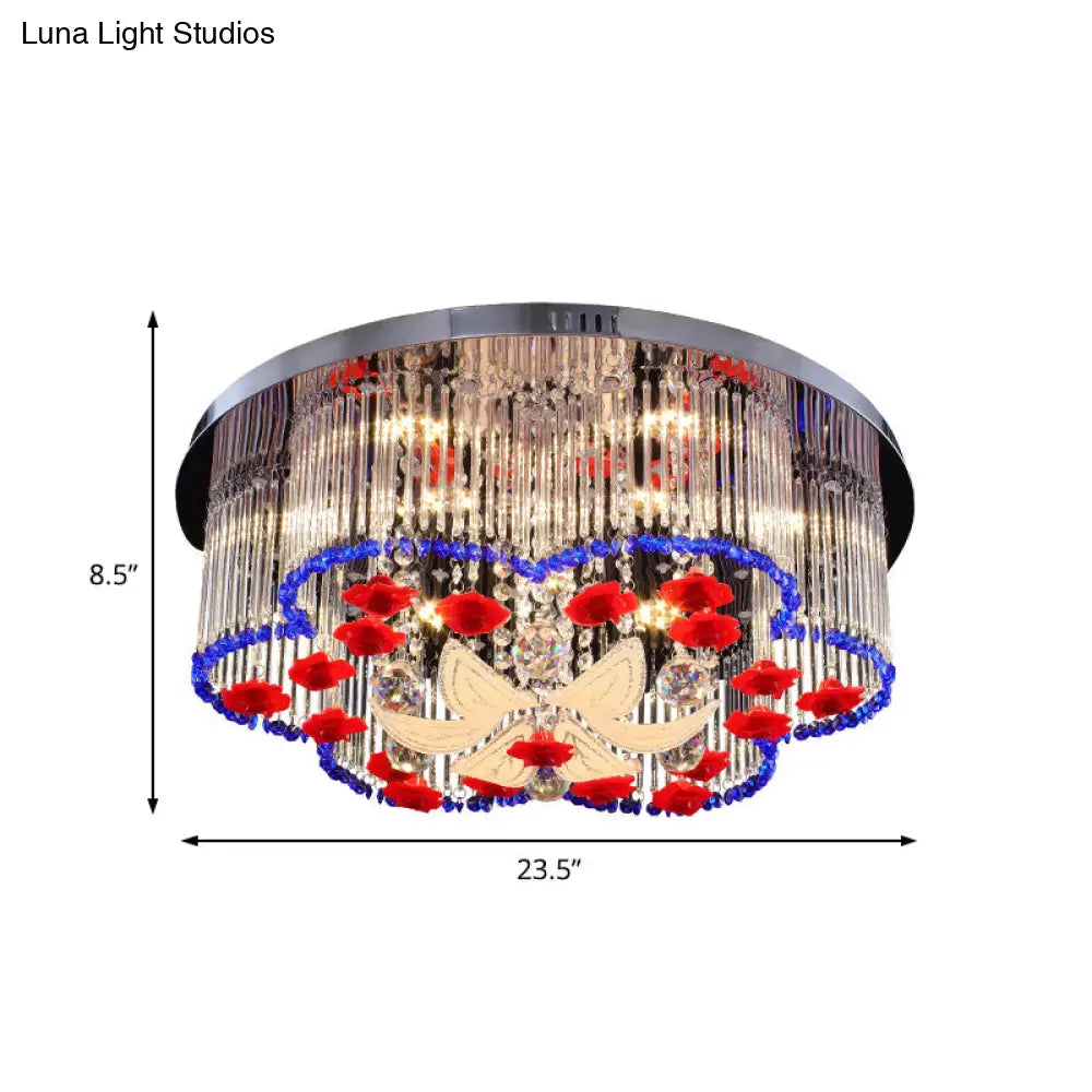 Modern Led Crystal Prism Ceiling Light With Flower Design In Blue And Red 19.5’/23.5’ Width