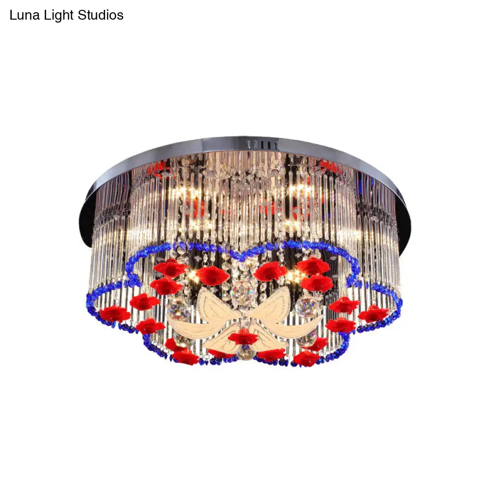 Modern Led Crystal Prism Ceiling Light With Flower Design In Blue And Red 19.5’/23.5’ Width