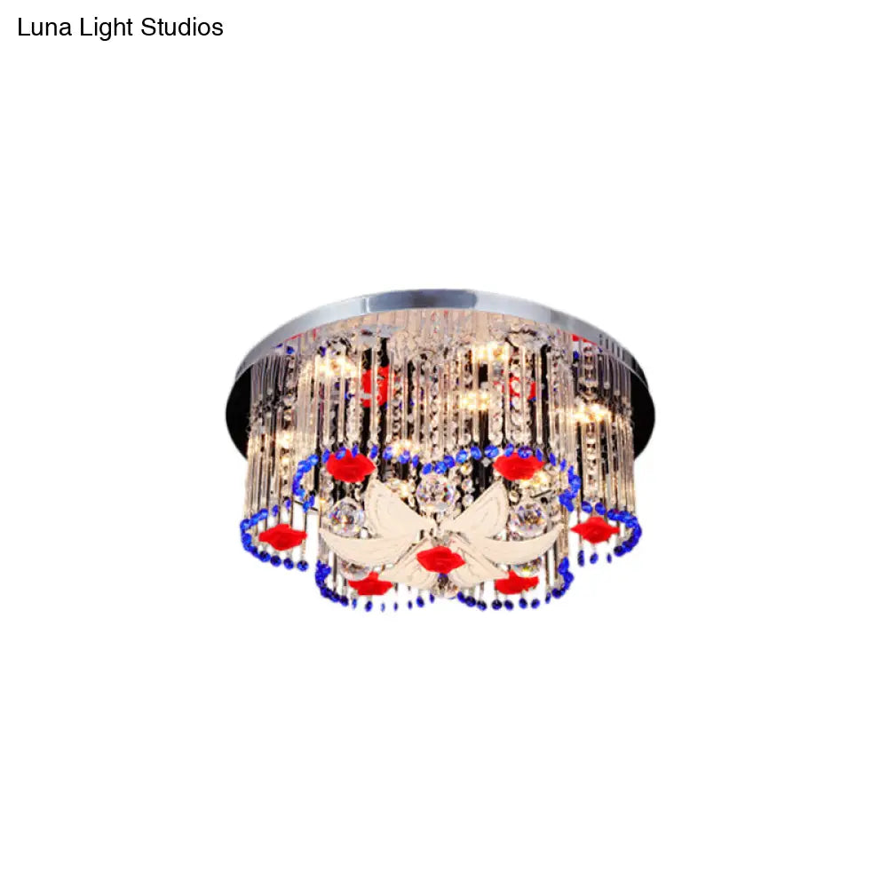 Modern Led Crystal Prism Ceiling Light With Flower Design In Blue And Red 19.5’/23.5’ Width