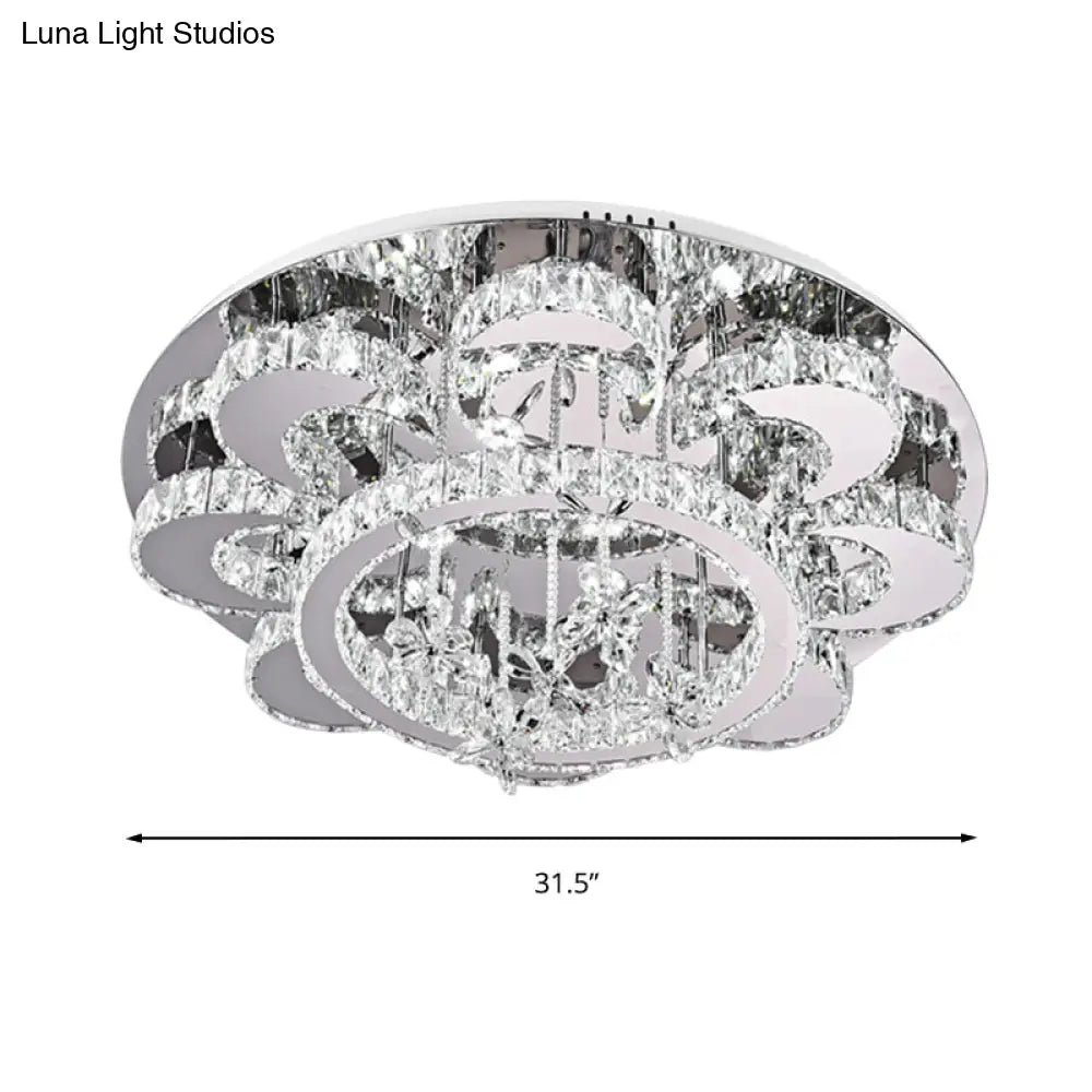 Modern Led Flush Ceiling Light: Floral - Like Crystal Mount In Chrome For Living Room -