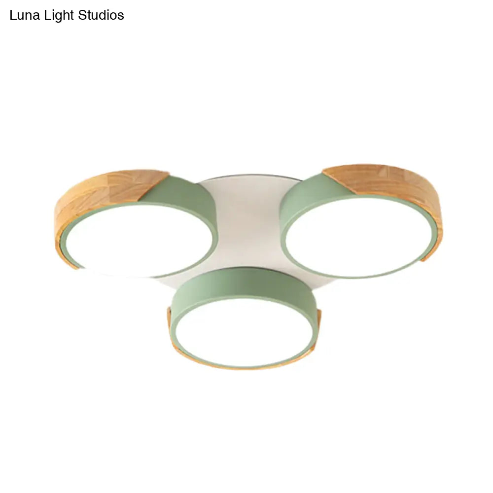 Modern Led Flush Ceiling Light - Nordic Style 3 - Drum Shade Metal Fixture In Green/White For Porch