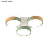 Modern Led Flush Ceiling Light - Nordic Style 3 - Drum Shade Metal Fixture In Green/White For Porch