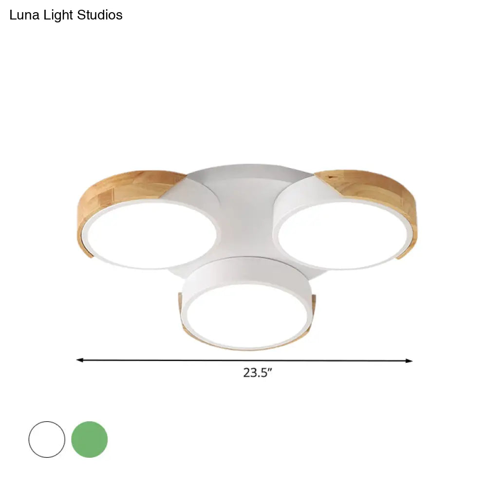Modern Led Flush Ceiling Light - Nordic Style 3 - Drum Shade Metal Fixture In Green/White For Porch