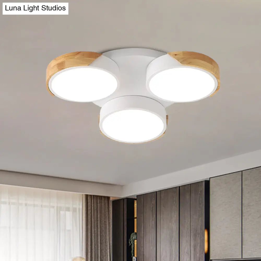 Modern Led Flush Ceiling Light - Nordic Style 3 - Drum Shade Metal Fixture In Green/White For Porch