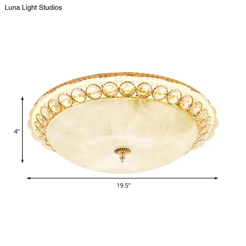 Modern Led Flush Ceiling Light With Textured Glass Bowl Crystal Accent In Gold - 12’/16’ Wide