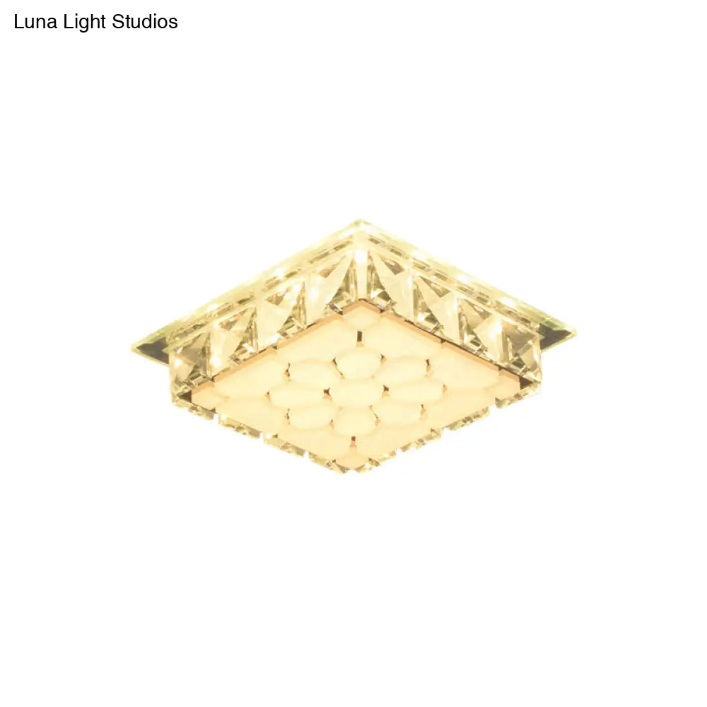 Modern Led Flush Mount Bedroom Ceiling Light With Etched Petal Design And Clear Crystal Shade