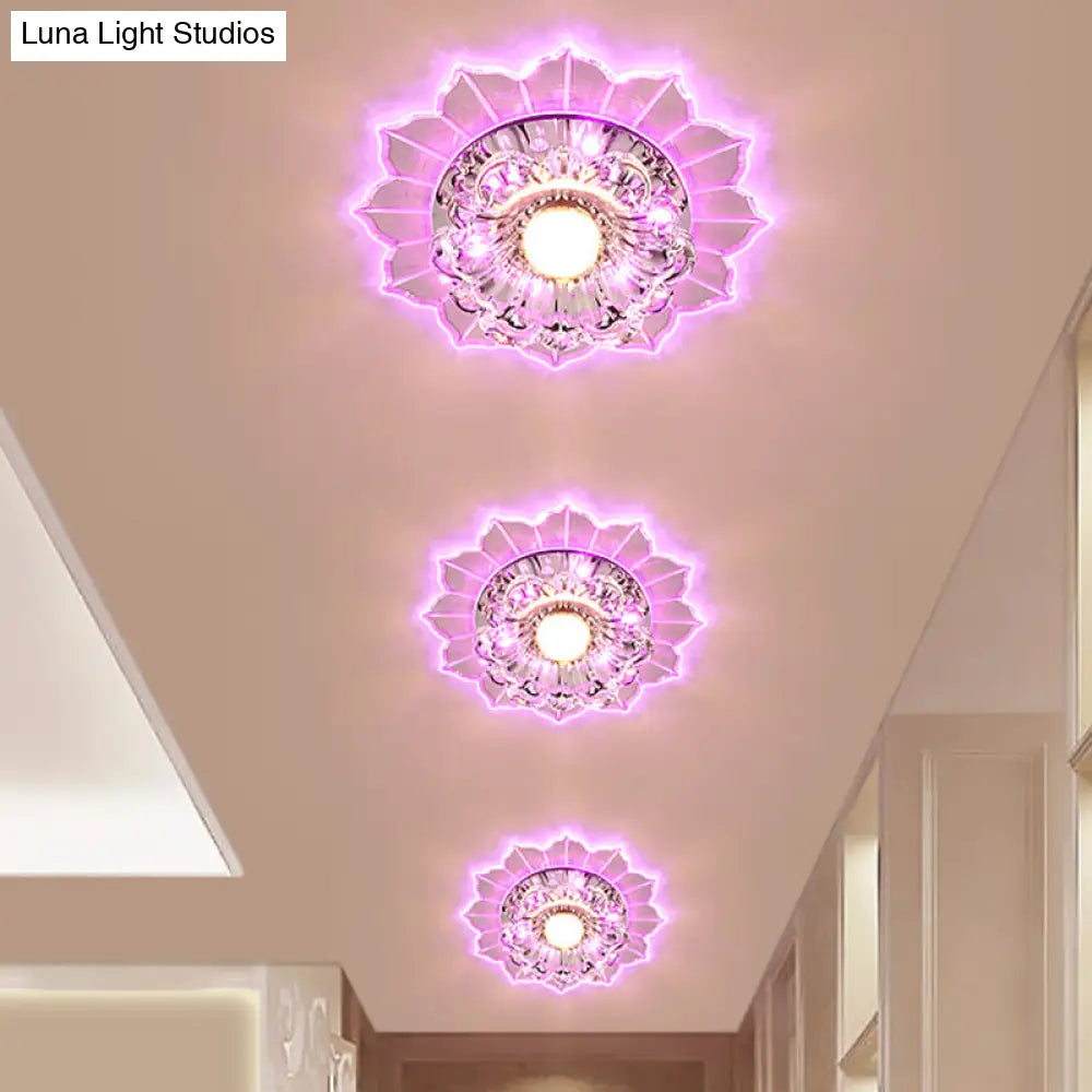 Modern Led Flush Mount Ceiling Light With Clear Crystal Flower Design Available In Warm/Blue/Pink