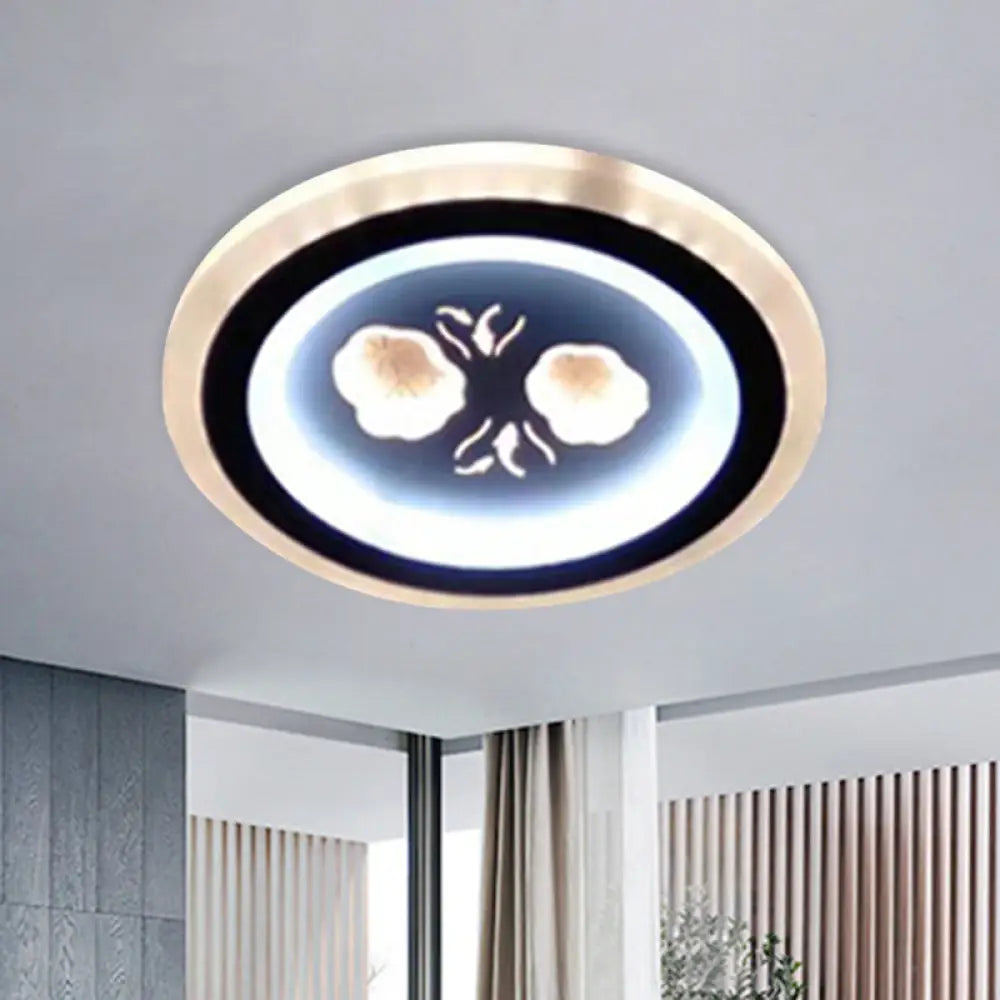 Modern Led Flush Mount Fixture: Black Square/Round Acrylic Lamp With Flower Pattern - Ideal For