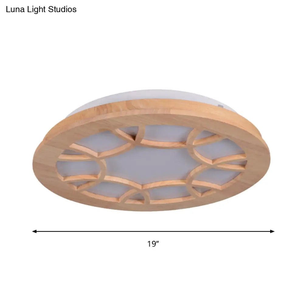 Modern Led Flush Wood Shade Ceiling Mount Lamp Kit In Beige Drum Design