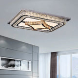 Modern Led Flushmount Ceiling Fixture With Stainless - Steel Frame And Clear Crystal Blocks